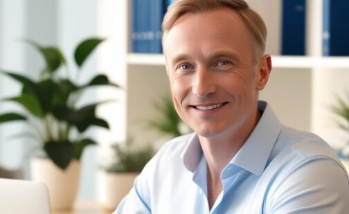 Titelbild, Person mit weißer Hautfarbe, mitteleuropäisches Aussehen, entspannt und stressfrei am Arbeitsplatz